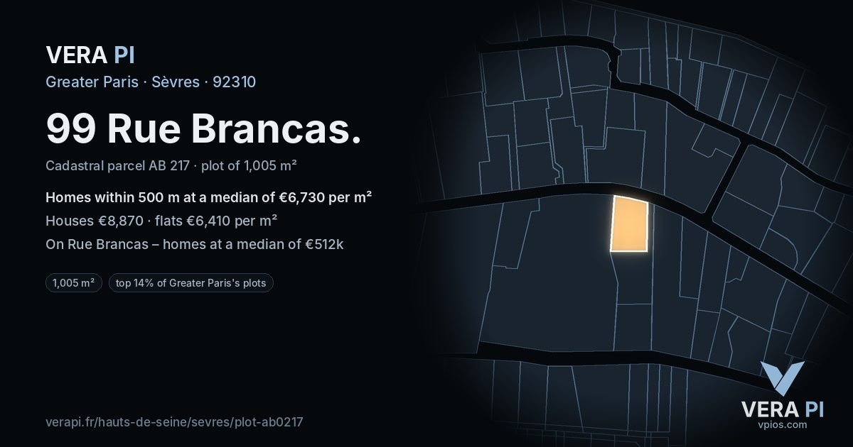 99 Rue Brancas, Sèvres at night – the plot lit, the parcels around coloured by the prices near them