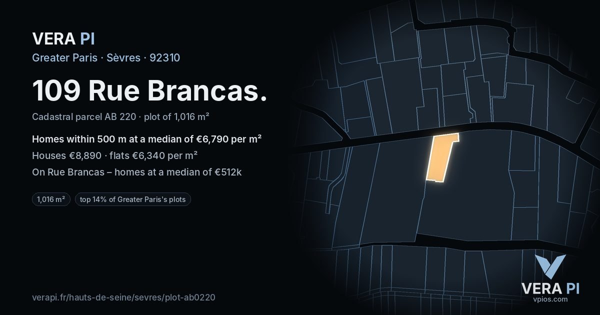 109 Rue Brancas, Sèvres at night – the plot lit, the parcels around coloured by the prices near them