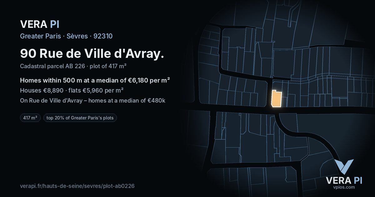 90 Rue de Ville d'Avray, Sèvres at night – the plot lit, the parcels around coloured by the prices near them