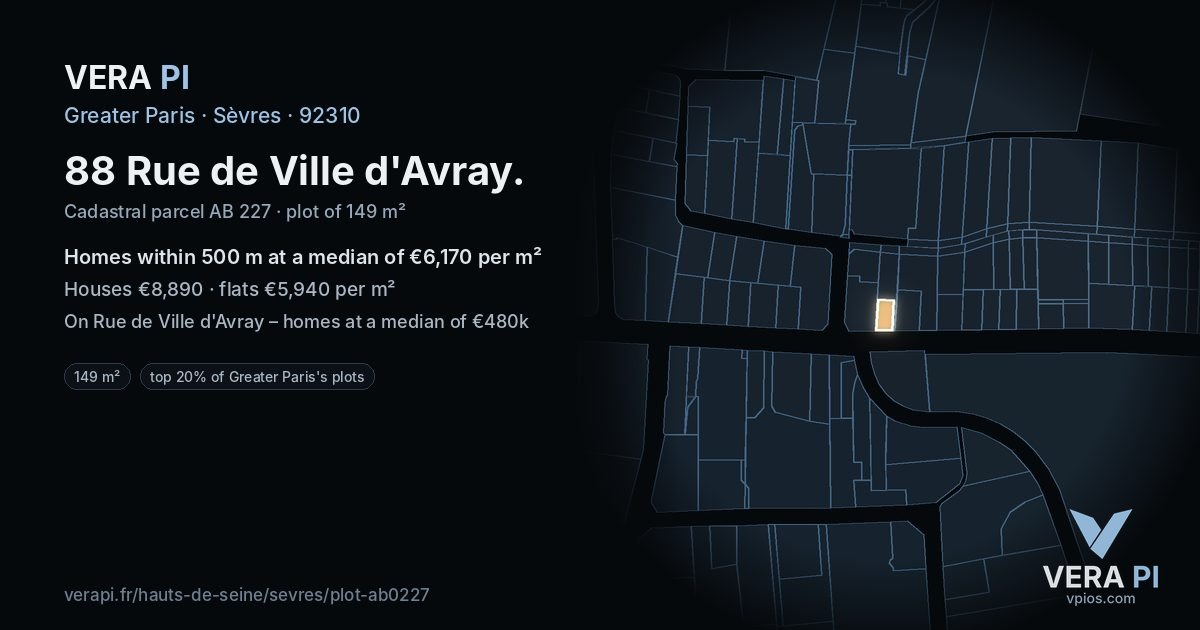 88 Rue de Ville d'Avray, Sèvres at night – the plot lit, the parcels around coloured by the prices near them