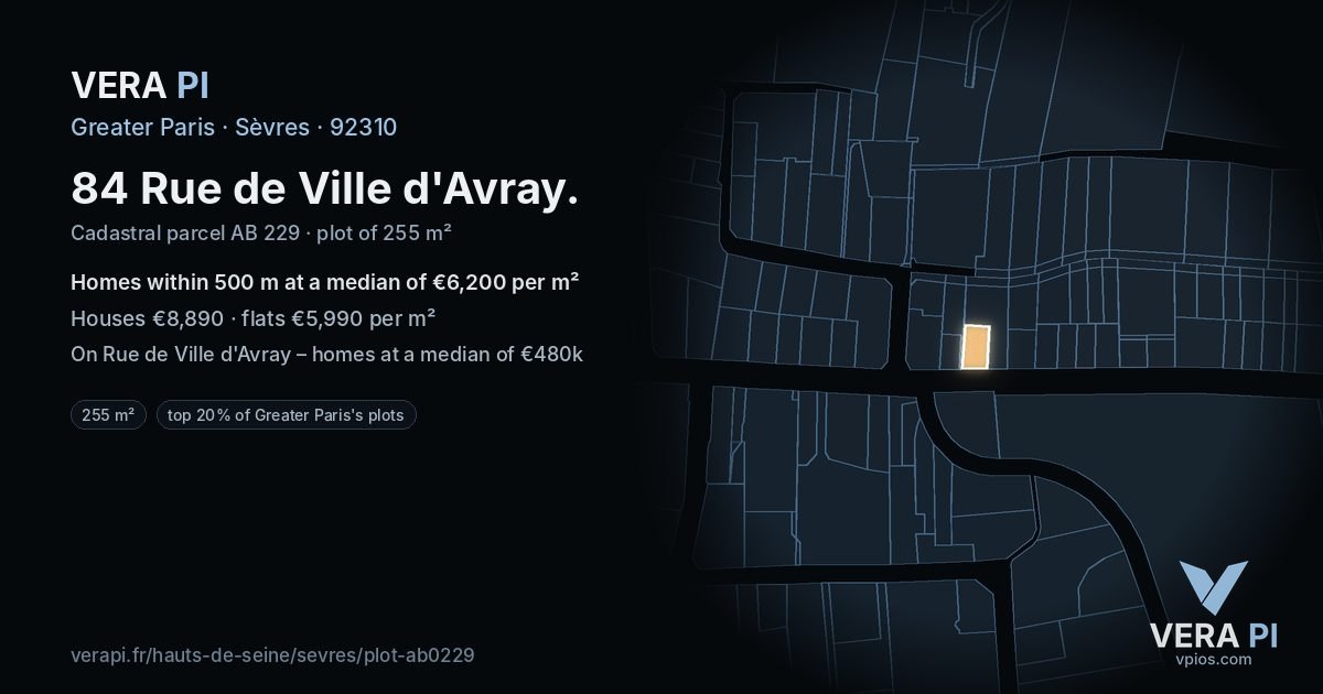 84 Rue de Ville d'Avray, Sèvres at night – the plot lit, the parcels around coloured by the prices near them
