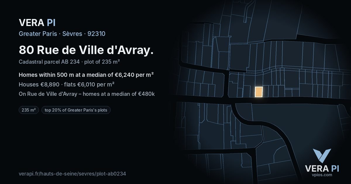 80 Rue de Ville d'Avray, Sèvres at night – the plot lit, the parcels around coloured by the prices near them