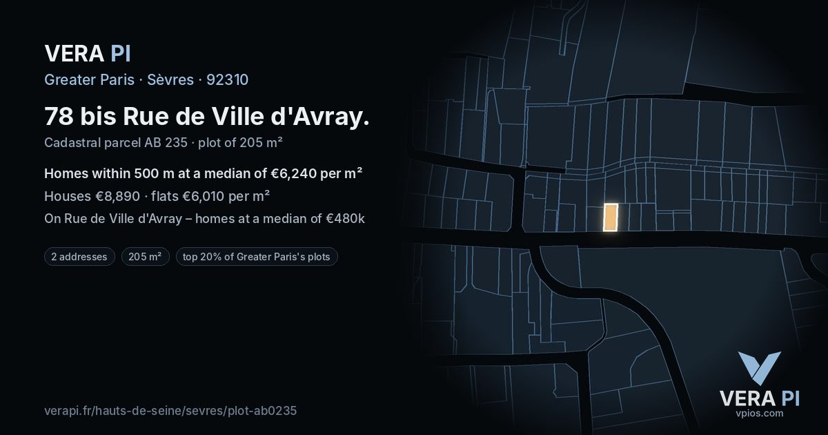 78 bis Rue de Ville d'Avray, Sèvres at night – the plot lit, the parcels around coloured by the prices near them