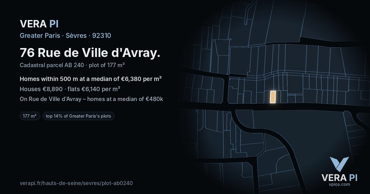 76 Rue de Ville d'Avray, Sèvres at night – the plot lit, the parcels around coloured by the prices near them