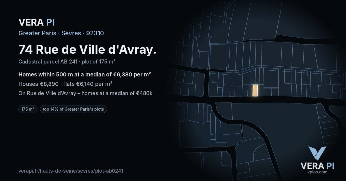 74 Rue de Ville d'Avray, Sèvres at night – the plot lit, the parcels around coloured by the prices near them