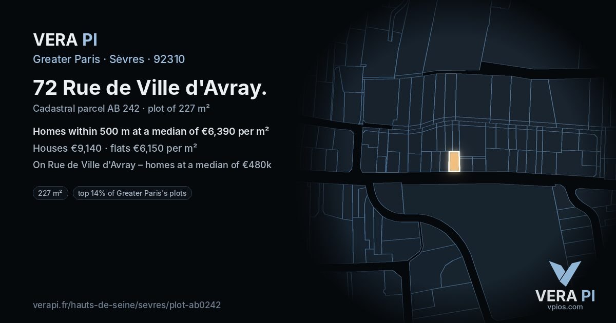 72 Rue de Ville d'Avray, Sèvres at night – the plot lit, the parcels around coloured by the prices near them