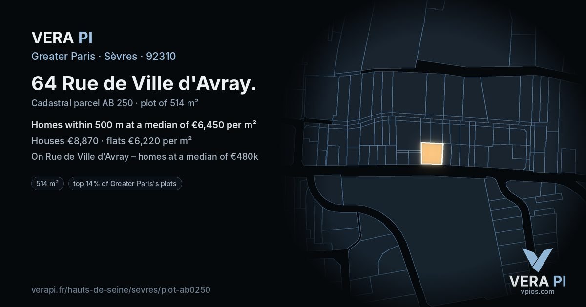64 Rue de Ville d'Avray, Sèvres at night – the plot lit, the parcels around coloured by the prices near them