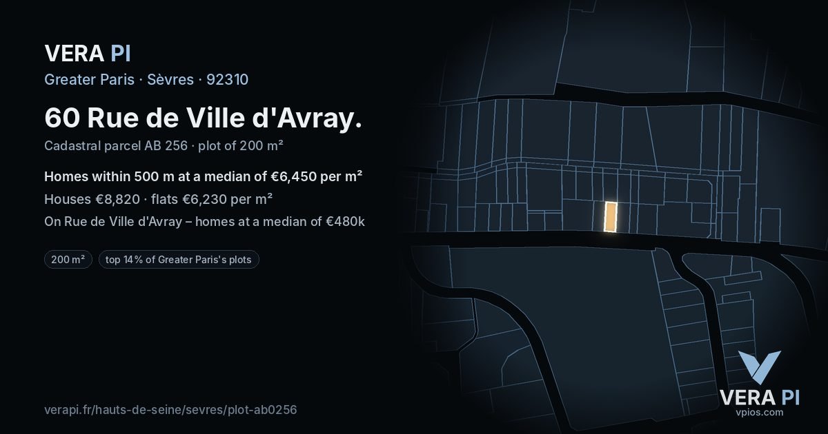 60 Rue de Ville d'Avray, Sèvres at night – the plot lit, the parcels around coloured by the prices near them