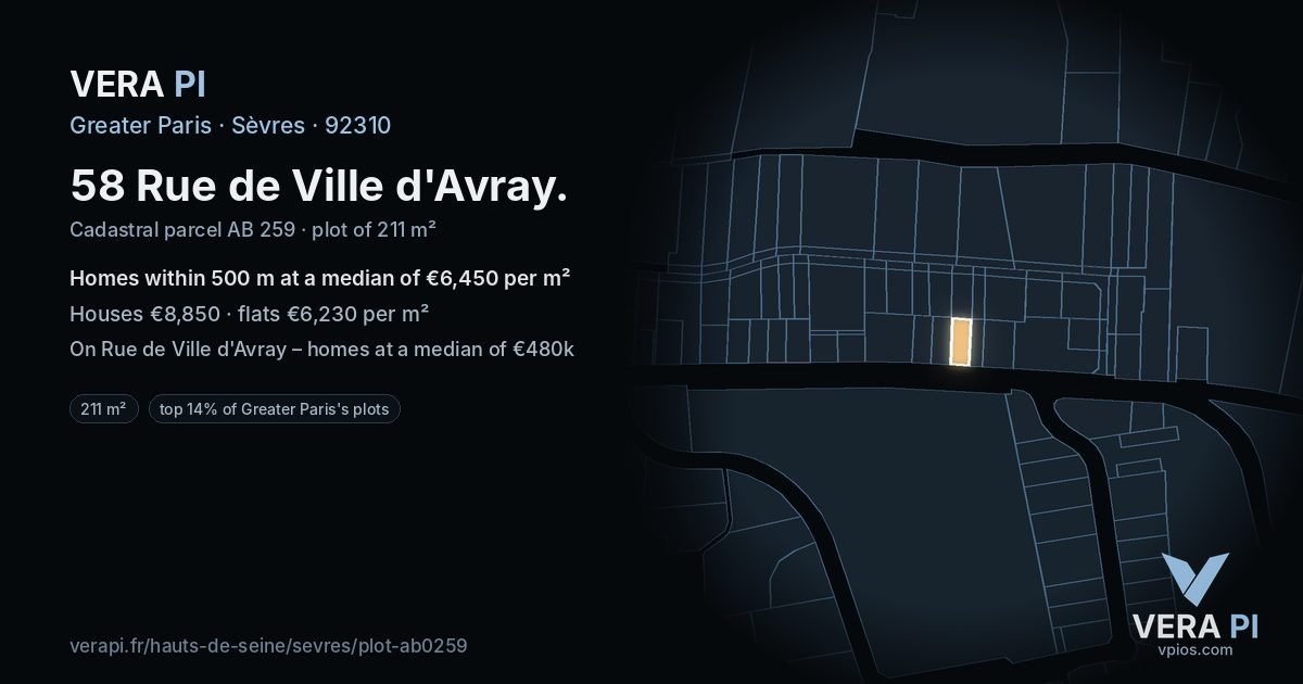 58 Rue de Ville d'Avray, Sèvres at night – the plot lit, the parcels around coloured by the prices near them