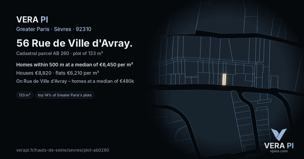 56 Rue de Ville d'Avray, Sèvres at night – the plot lit, the parcels around coloured by the prices near them