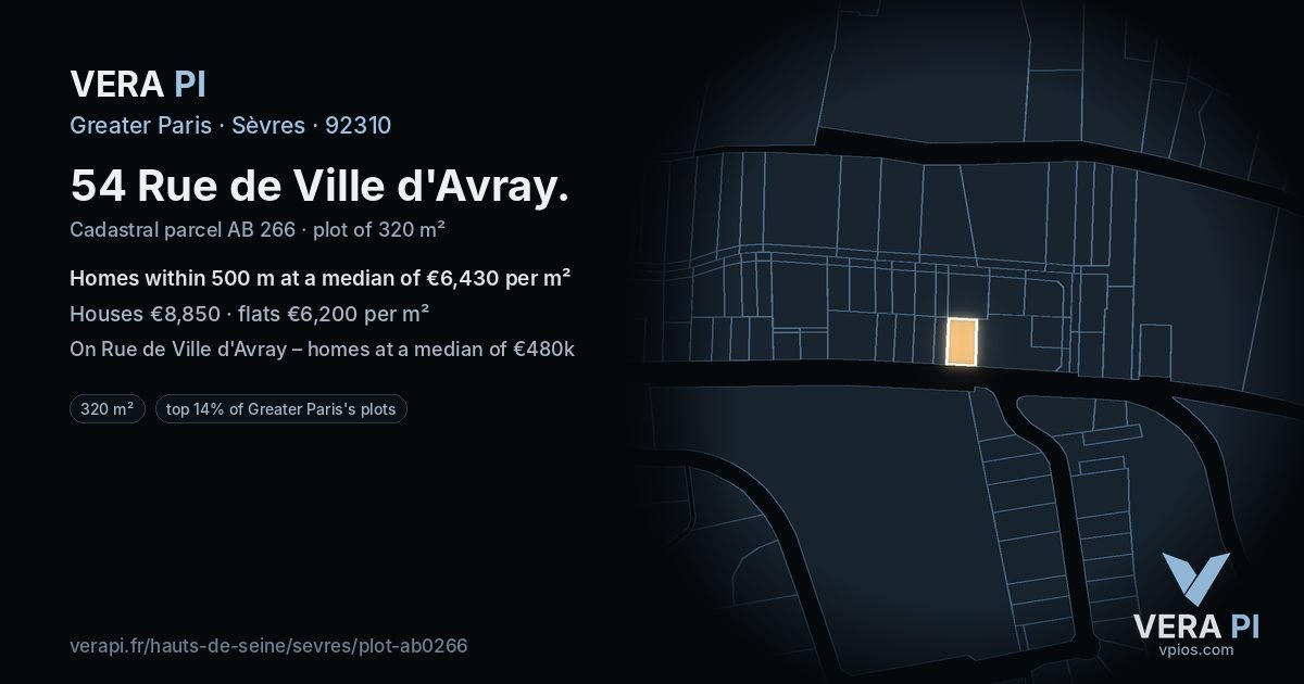 54 Rue de Ville d'Avray, Sèvres at night – the plot lit, the parcels around coloured by the prices near them