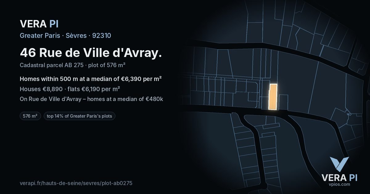 46 Rue de Ville d'Avray, Sèvres at night – the plot lit, the parcels around coloured by the prices near them