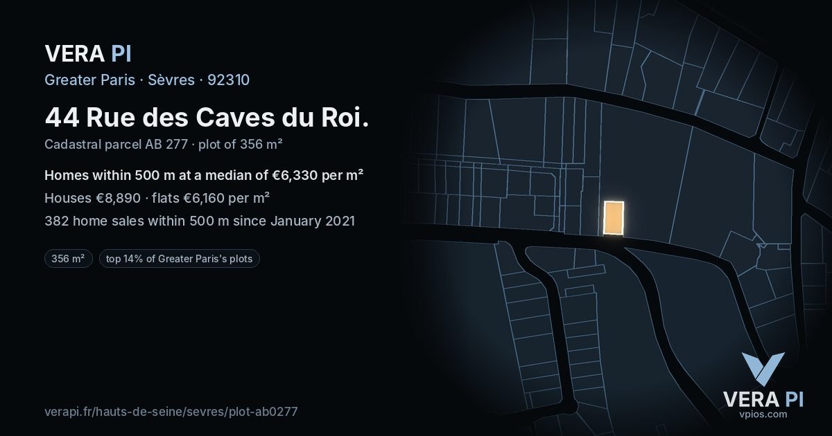 44 Rue des Caves du Roi, Sèvres at night – the plot lit, the parcels around coloured by the prices near them