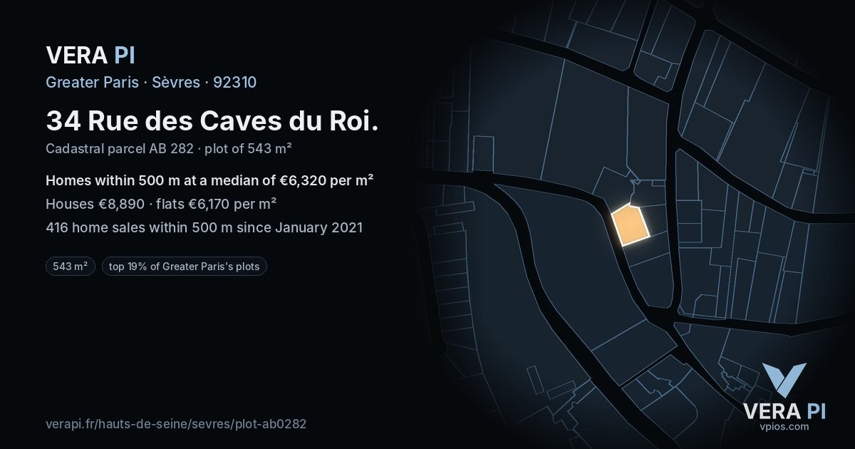 34 Rue des Caves du Roi, Sèvres at night – the plot lit, the parcels around coloured by the prices near them