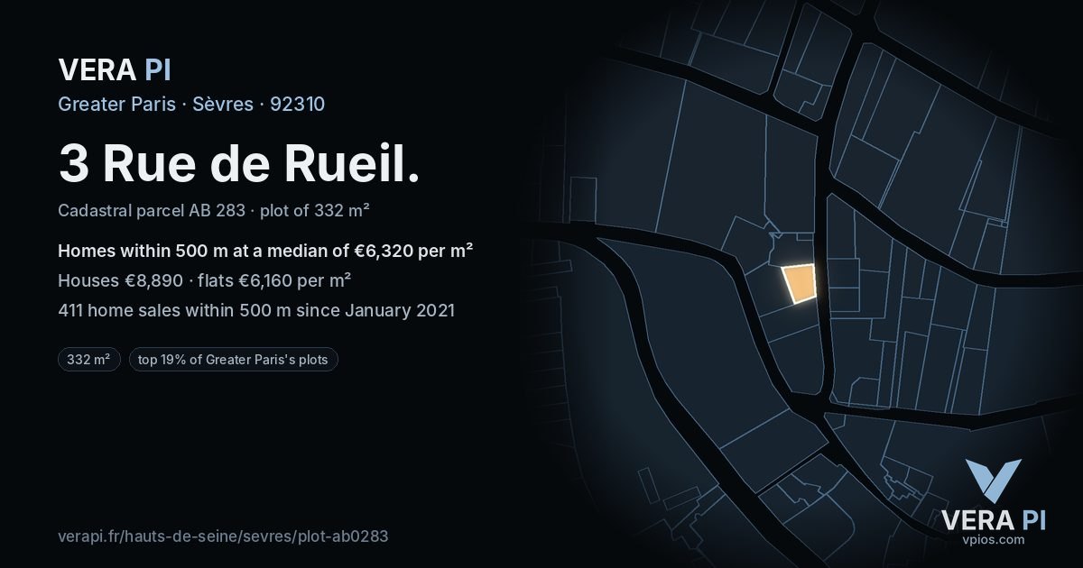 3 Rue de Rueil, Sèvres at night – the plot lit, the parcels around coloured by the prices near them