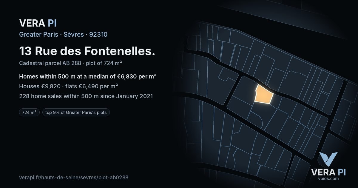 13 Rue des Fontenelles, Sèvres at night – the plot lit, the parcels around coloured by the prices near them