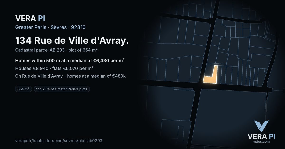 134 Rue de Ville d'Avray, Sèvres at night – the plot lit, the parcels around coloured by the prices near them