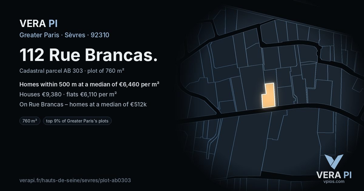 112 Rue Brancas, Sèvres at night – the plot lit, the parcels around coloured by the prices near them