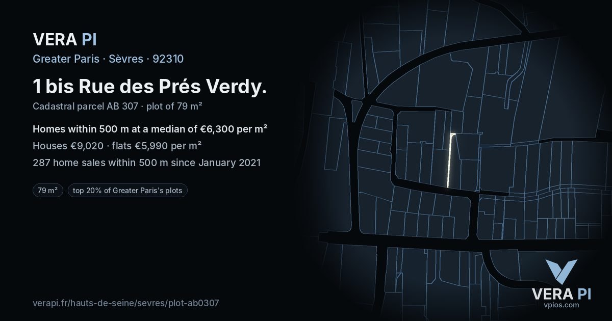1 bis Rue des Prés Verdy, Sèvres at night – the plot lit, the parcels around coloured by the prices near them