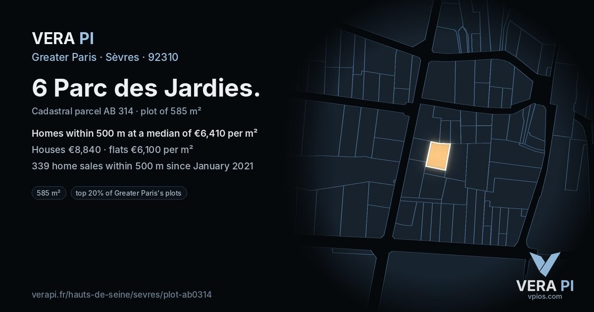 6 Parc des Jardies, Sèvres at night – the plot lit, the parcels around coloured by the prices near them