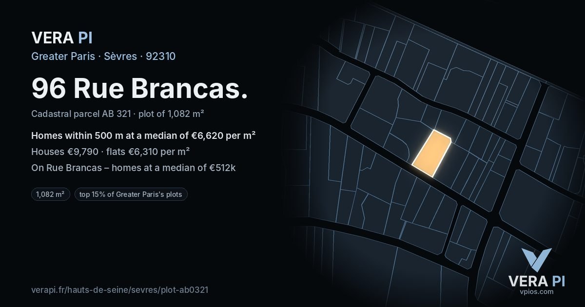 96 Rue Brancas, Sèvres at night – the plot lit, the parcels around coloured by the prices near them