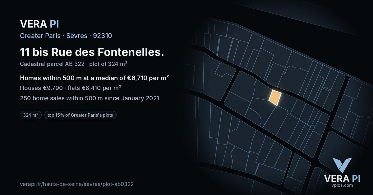 11 bis Rue des Fontenelles, Sèvres at night – the plot lit, the parcels around coloured by the prices near them