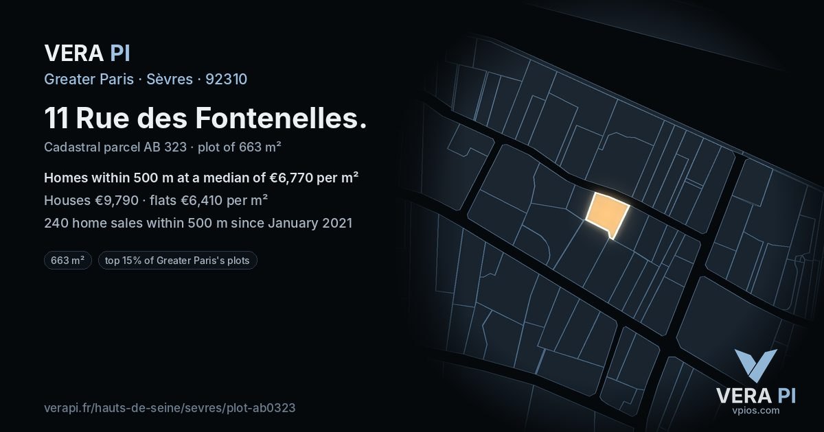 11 Rue des Fontenelles, Sèvres at night – the plot lit, the parcels around coloured by the prices near them