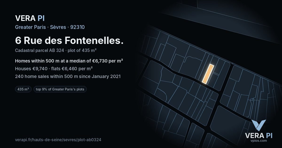 6 Rue des Fontenelles, Sèvres at night – the plot lit, the parcels around coloured by the prices near them