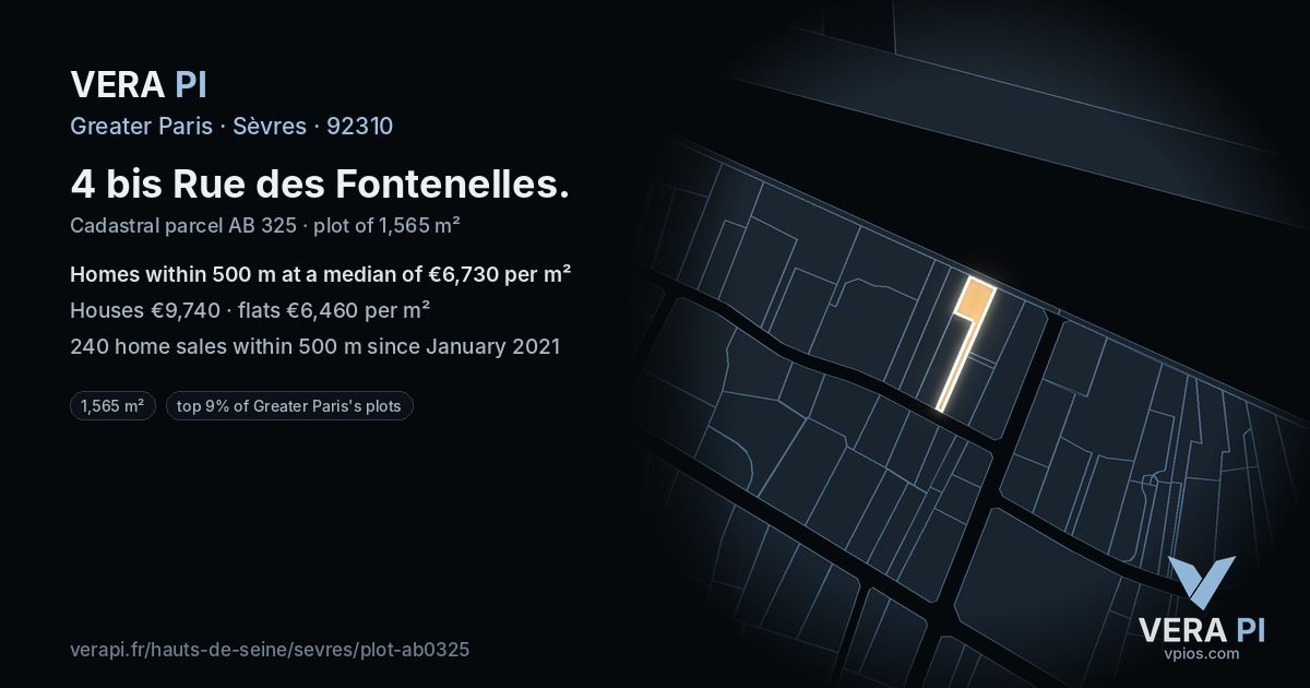 4 bis Rue des Fontenelles, Sèvres at night – the plot lit, the parcels around coloured by the prices near them