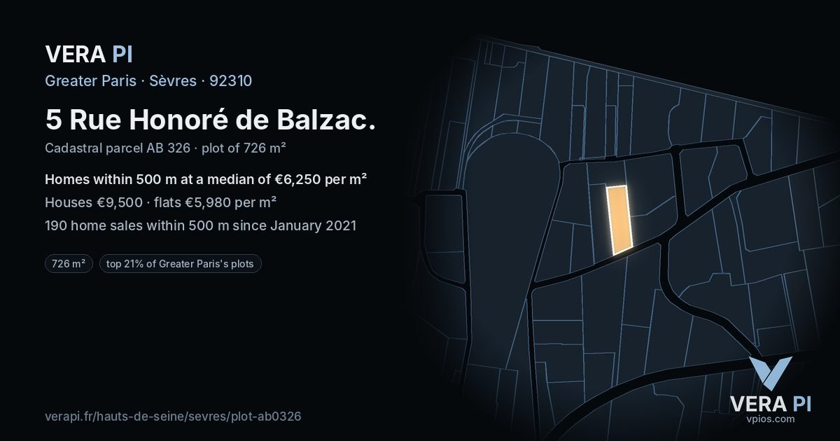 5 Rue Honoré de Balzac, Sèvres at night – the plot lit, the parcels around coloured by the prices near them