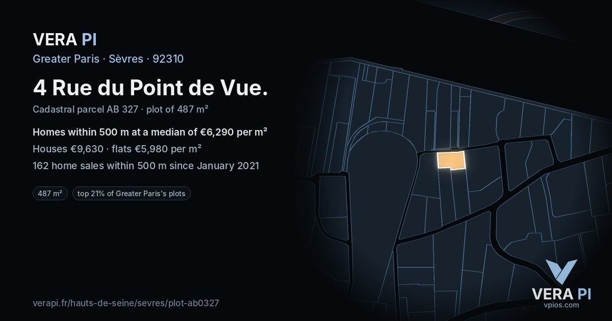 4 Rue du Point de Vue, Sèvres at night – the plot lit, the parcels around coloured by the prices near them
