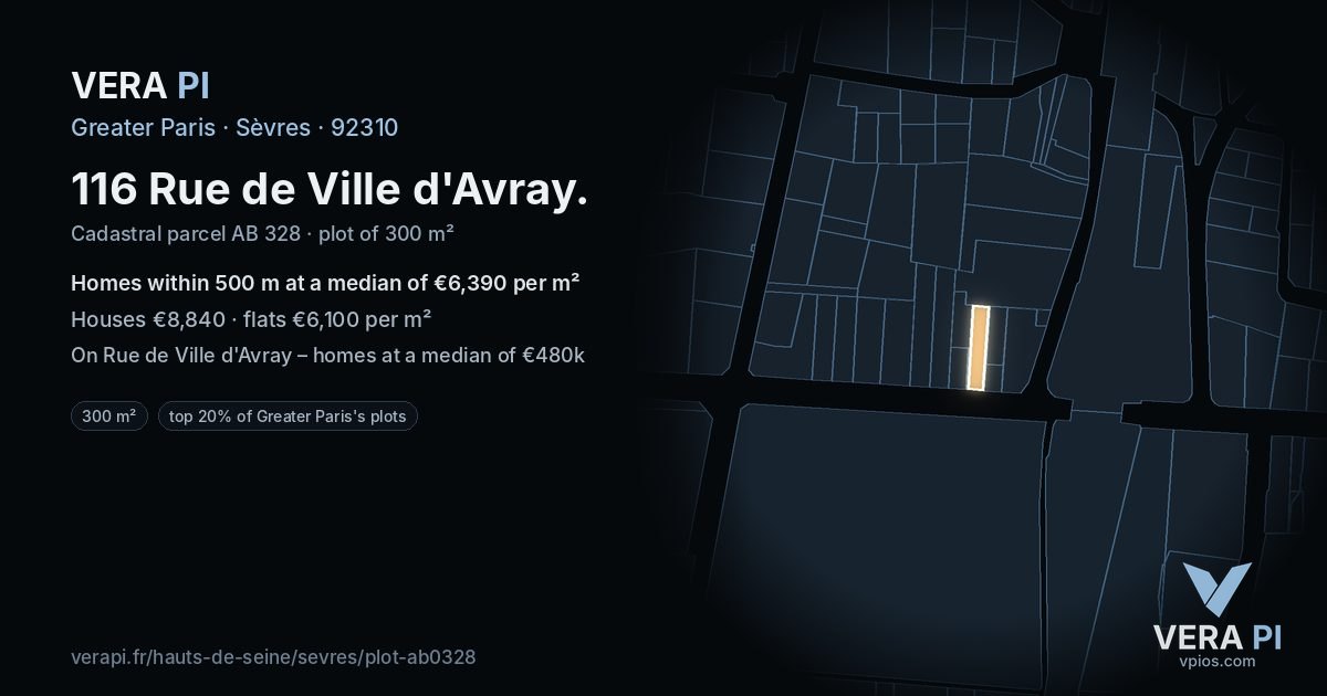 116 Rue de Ville d'Avray, Sèvres at night – the plot lit, the parcels around coloured by the prices near them