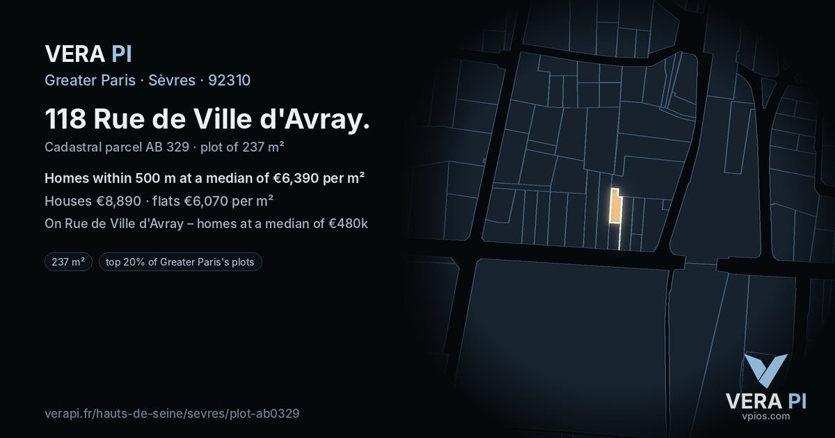 118 Rue de Ville d'Avray, Sèvres at night – the plot lit, the parcels around coloured by the prices near them