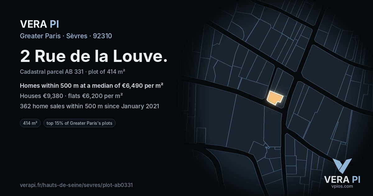 2 Rue de la Louve, Sèvres at night – the plot lit, the parcels around coloured by the prices near them