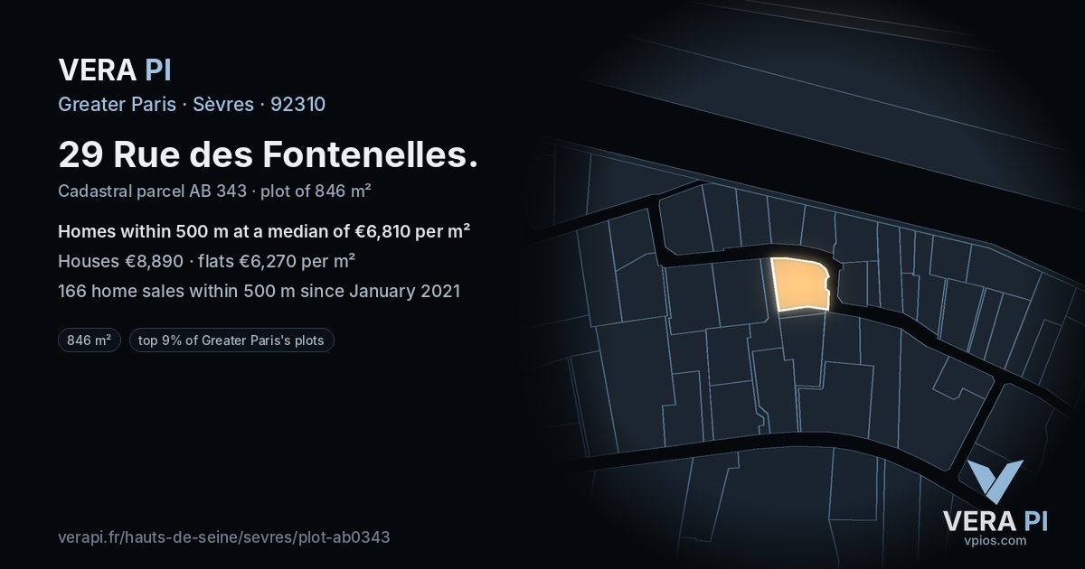 29 Rue des Fontenelles, Sèvres at night – the plot lit, the parcels around coloured by the prices near them