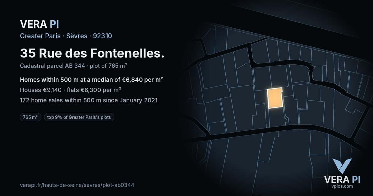 35 Rue des Fontenelles, Sèvres at night – the plot lit, the parcels around coloured by the prices near them