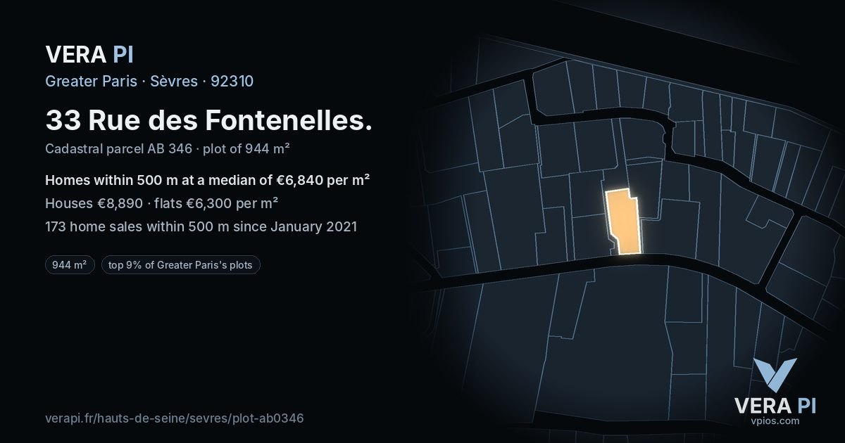 33 Rue des Fontenelles, Sèvres at night – the plot lit, the parcels around coloured by the prices near them
