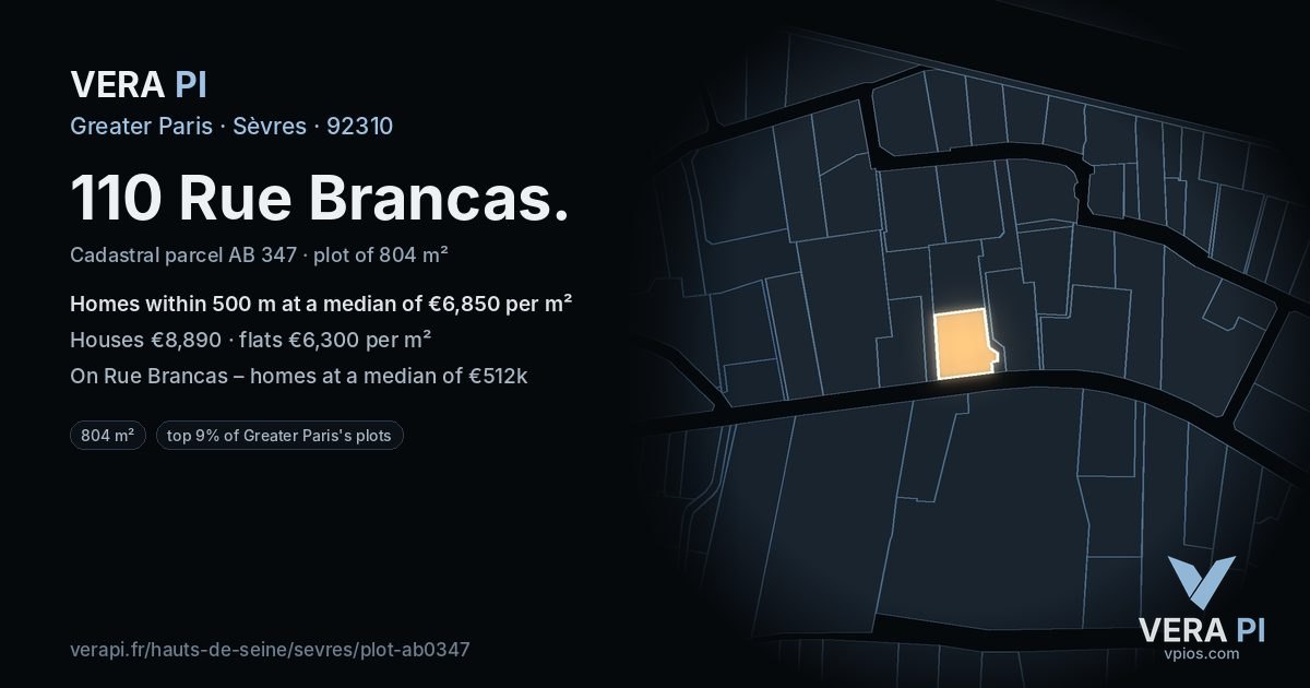 110 Rue Brancas, Sèvres at night – the plot lit, the parcels around coloured by the prices near them