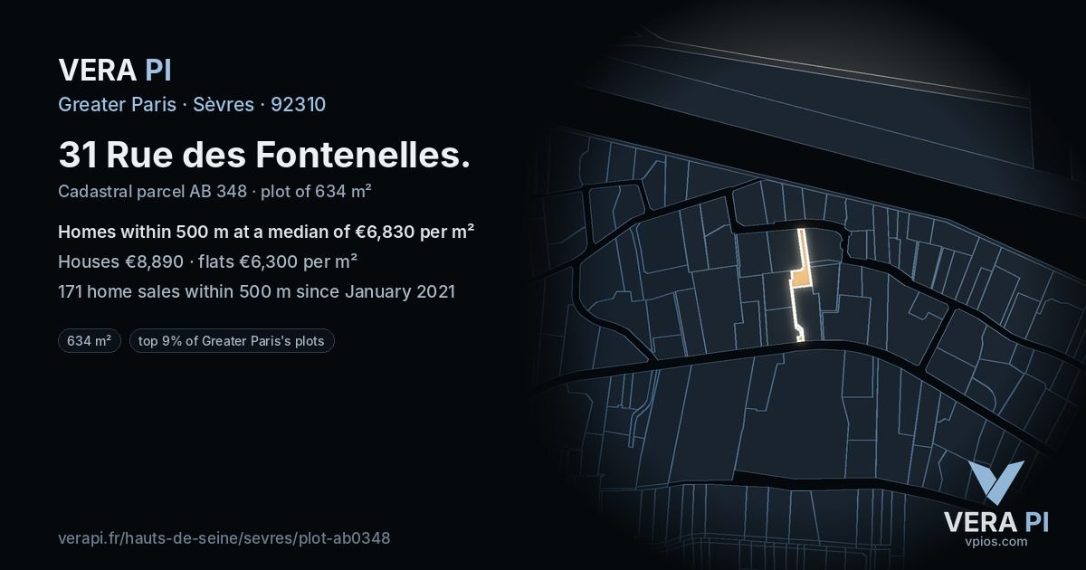 31 Rue des Fontenelles, Sèvres at night – the plot lit, the parcels around coloured by the prices near them
