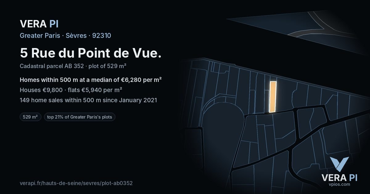 5 Rue du Point de Vue, Sèvres at night – the plot lit, the parcels around coloured by the prices near them