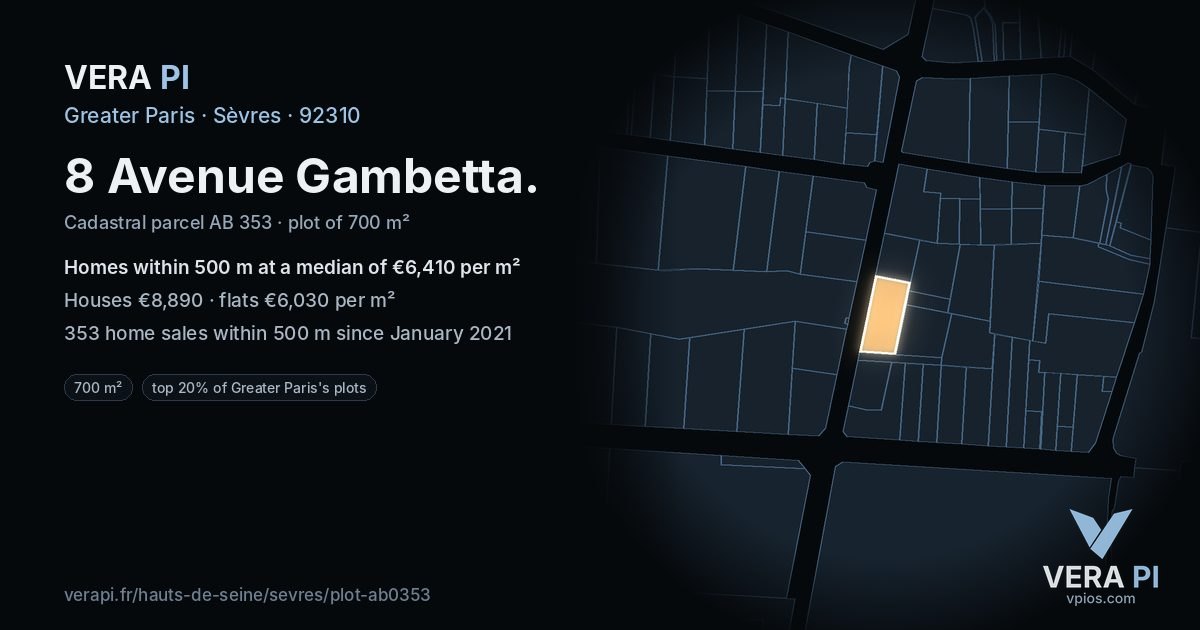 8 Avenue Gambetta, Sèvres at night – the plot lit, the parcels around coloured by the prices near them
