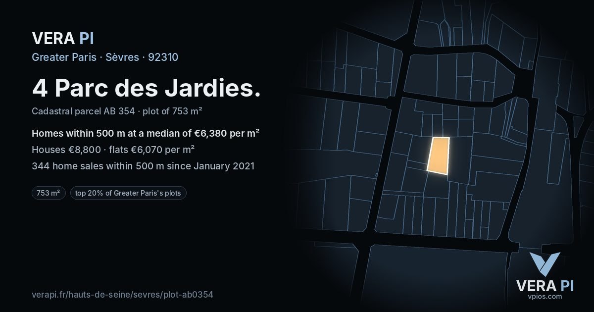 4 Parc des Jardies, Sèvres at night – the plot lit, the parcels around coloured by the prices near them