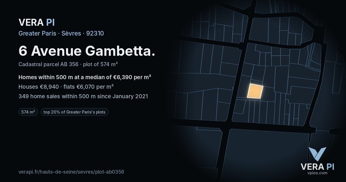 6 Avenue Gambetta, Sèvres at night – the plot lit, the parcels around coloured by the prices near them