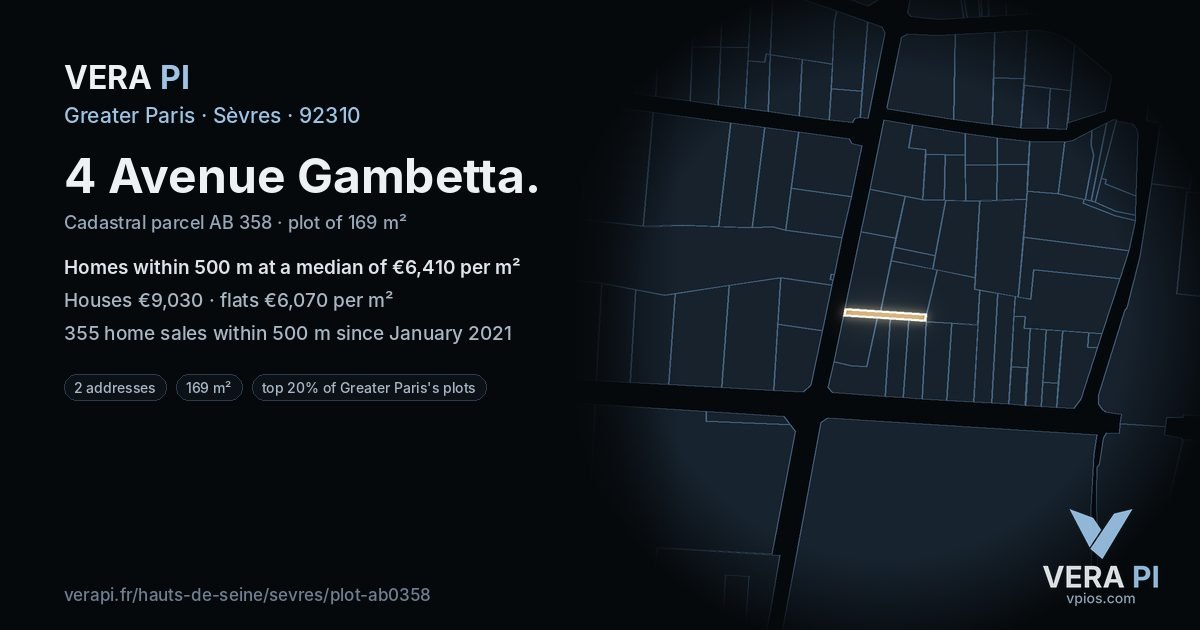4 Avenue Gambetta, Sèvres at night – the plot lit, the parcels around coloured by the prices near them