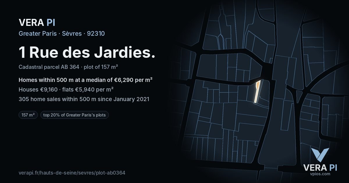 1 Rue des Jardies, Sèvres at night – the plot lit, the parcels around coloured by the prices near them