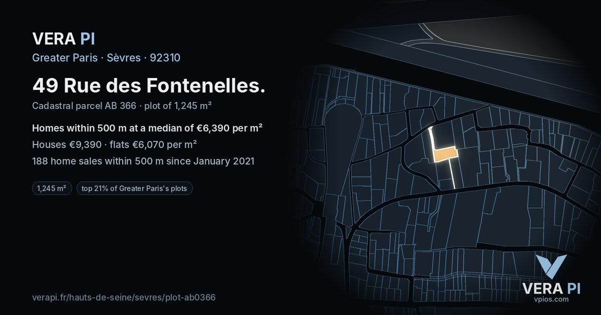 49 Rue des Fontenelles, Sèvres at night – the plot lit, the parcels around coloured by the prices near them
