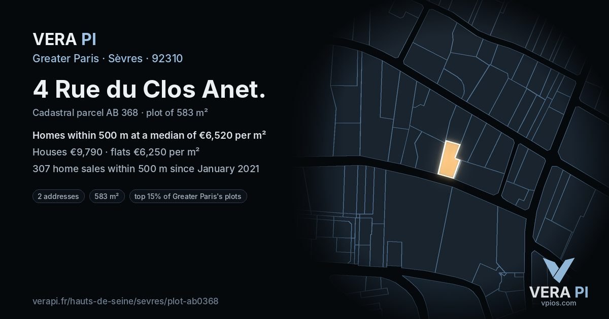 4 Rue du Clos Anet, Sèvres at night – the plot lit, the parcels around coloured by the prices near them