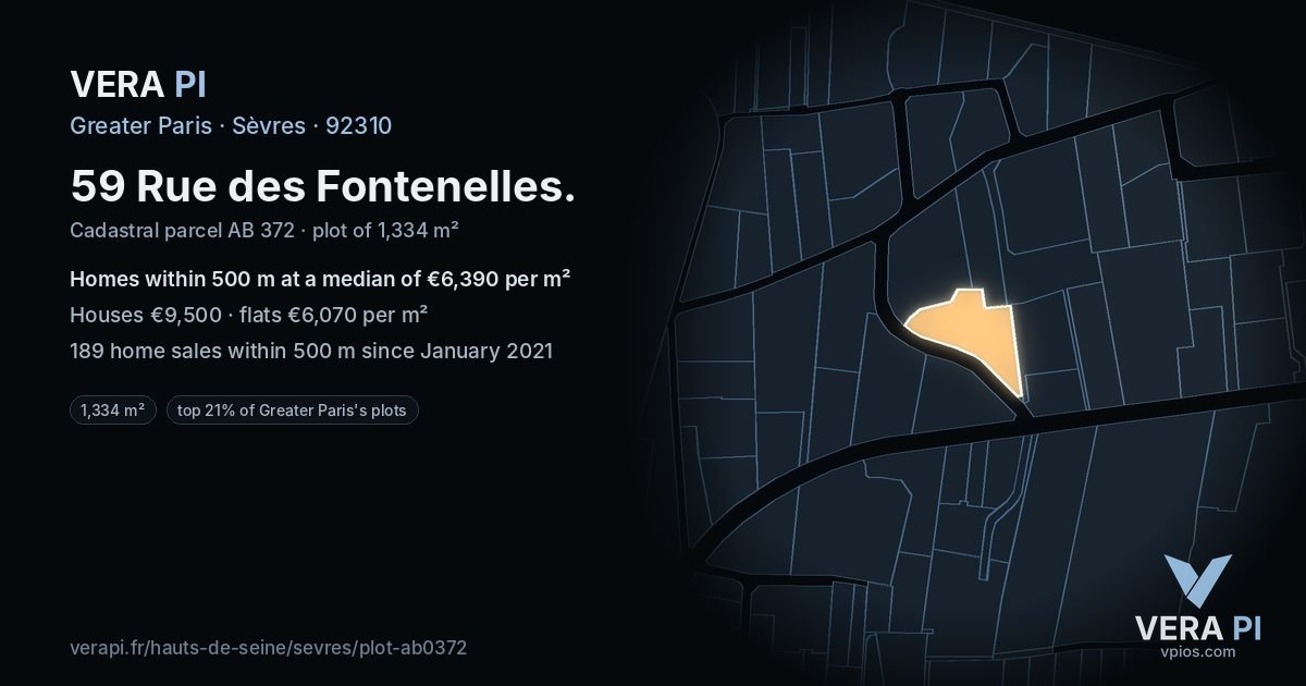 59 Rue des Fontenelles, Sèvres at night – the plot lit, the parcels around coloured by the prices near them