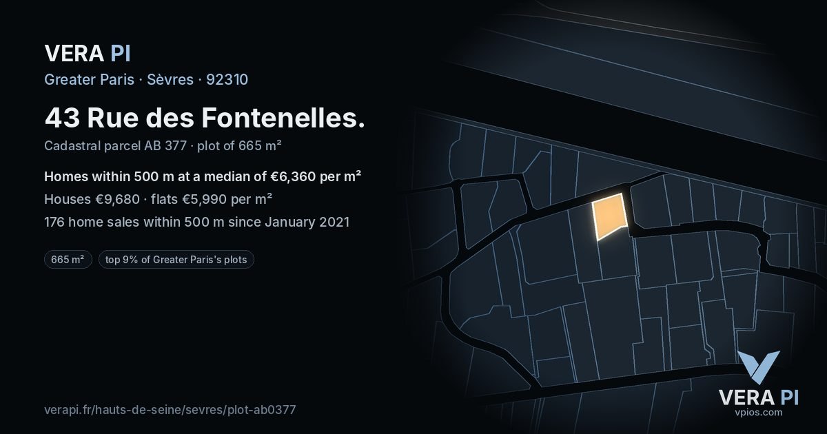 43 Rue des Fontenelles, Sèvres at night – the plot lit, the parcels around coloured by the prices near them