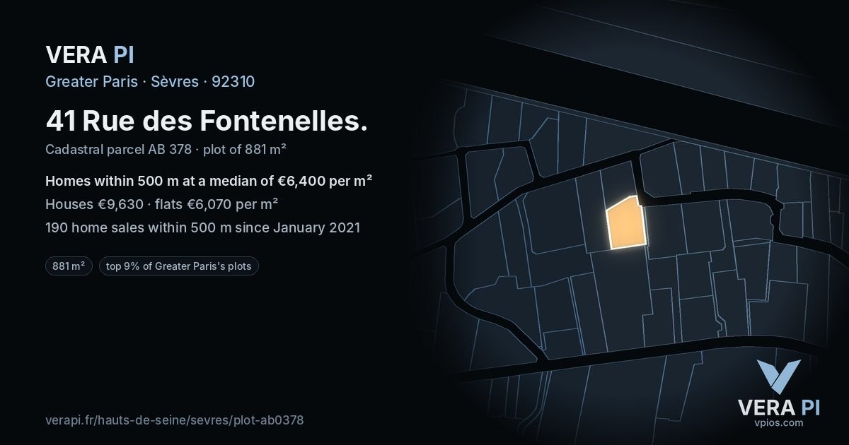 41 Rue des Fontenelles, Sèvres at night – the plot lit, the parcels around coloured by the prices near them
